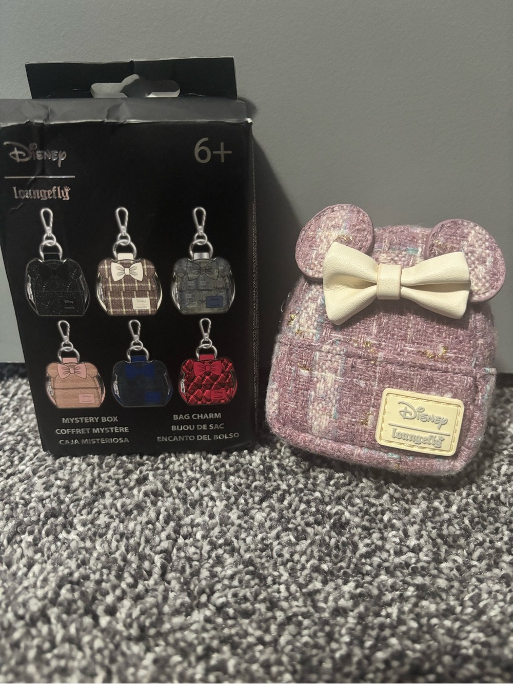Loungefly Kids Pink Tweed Minnie Ear Backpack Charm with Cream Bow